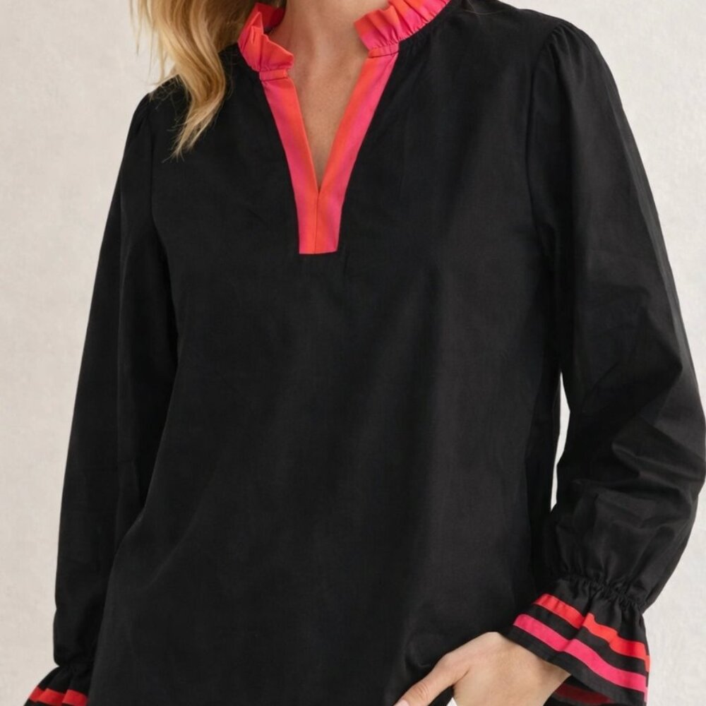 BTP49 Black Ruffle Cotton LS Top with Pink Trim by Little Daisy